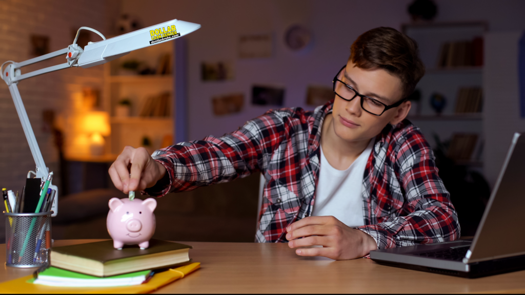 A young college student putting his money in the bank attempting to budget with Dollar Loan Center